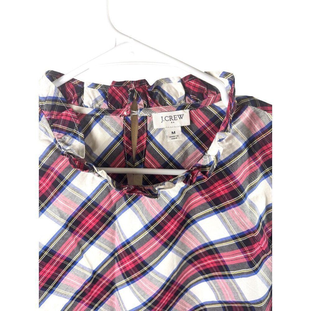 J.Crew Womens Plaid Ruffle Neck Blouse Size M Long Sleeve Holiday Plaid EUC Sz M - Picture 3 of 12